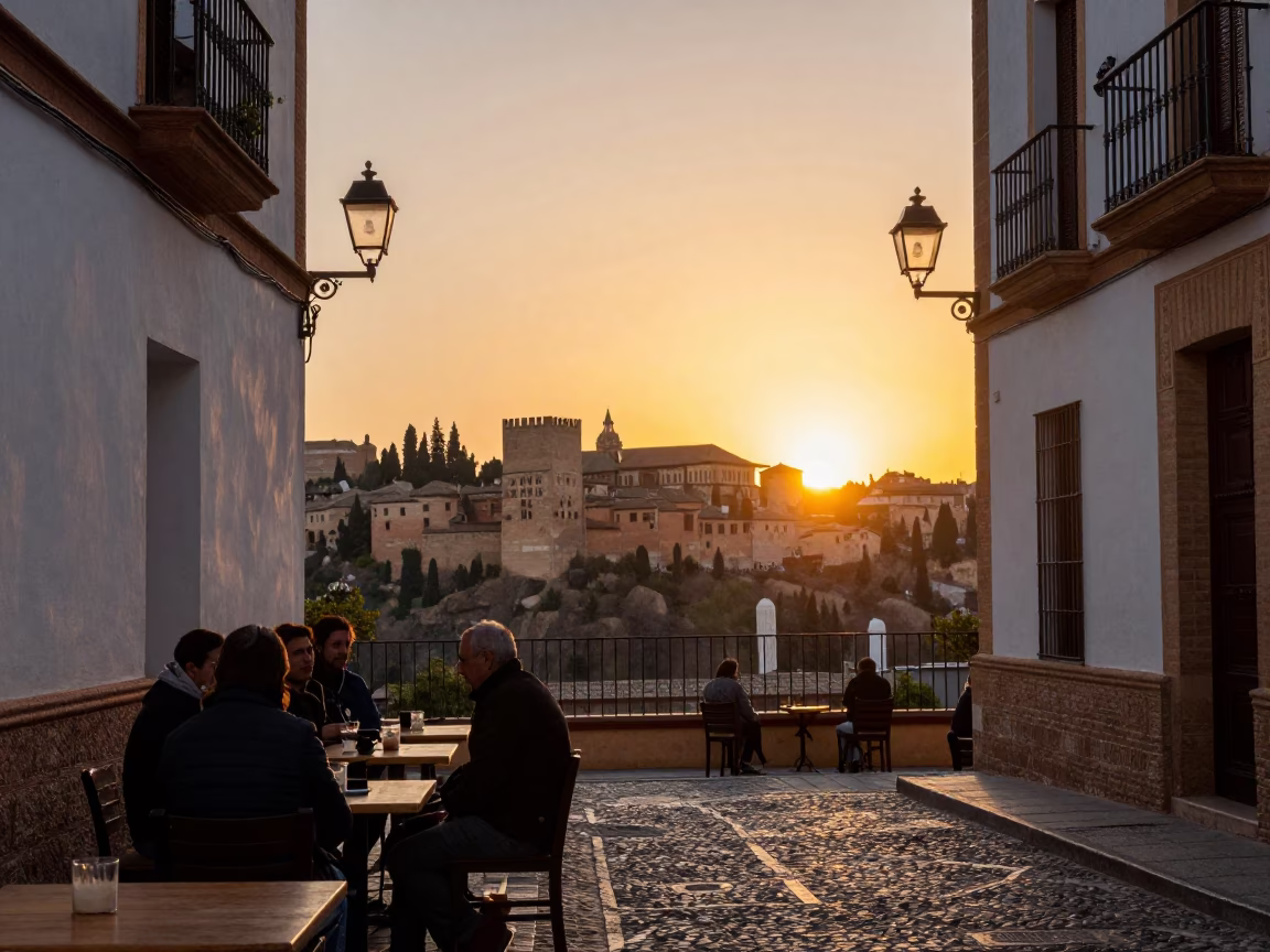 Golden Hour Street Scene in Granada Spain with Alhambra Silhouette and Local Cafe Culture in in Granada, Spain