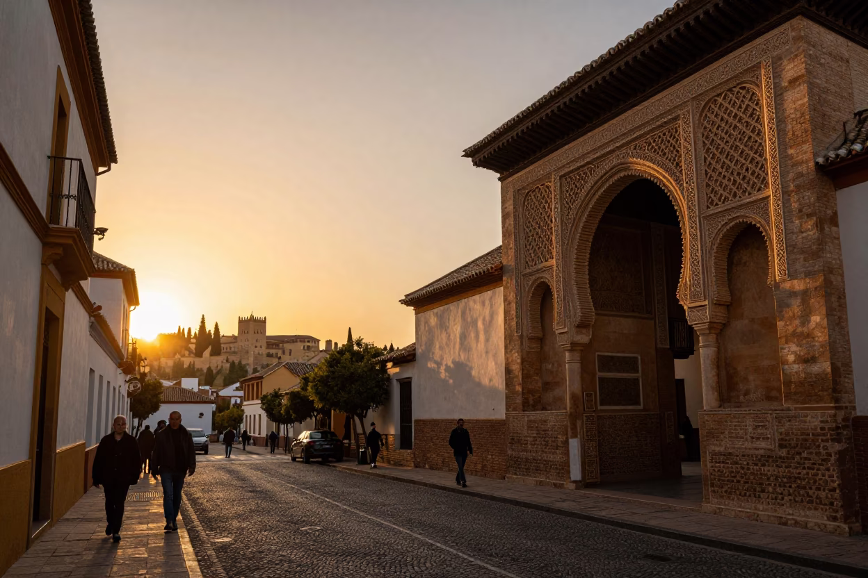 Golden Hour Street Scene in Granada Spain with Alhambra View and Traditional Market Activity in in Granada, Spain