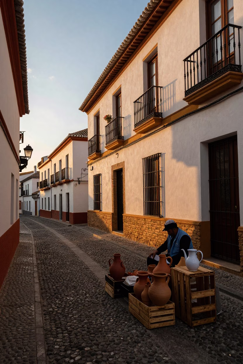 Golden Hour Street Scene in Granada Spain with Clay Pot and Enamel Pitcher in in Granada, Spain