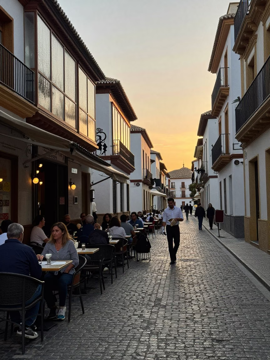 Golden Hour Street Scene in Granada Spain with Condensation on Glass and Local Life in in Granada, Spain