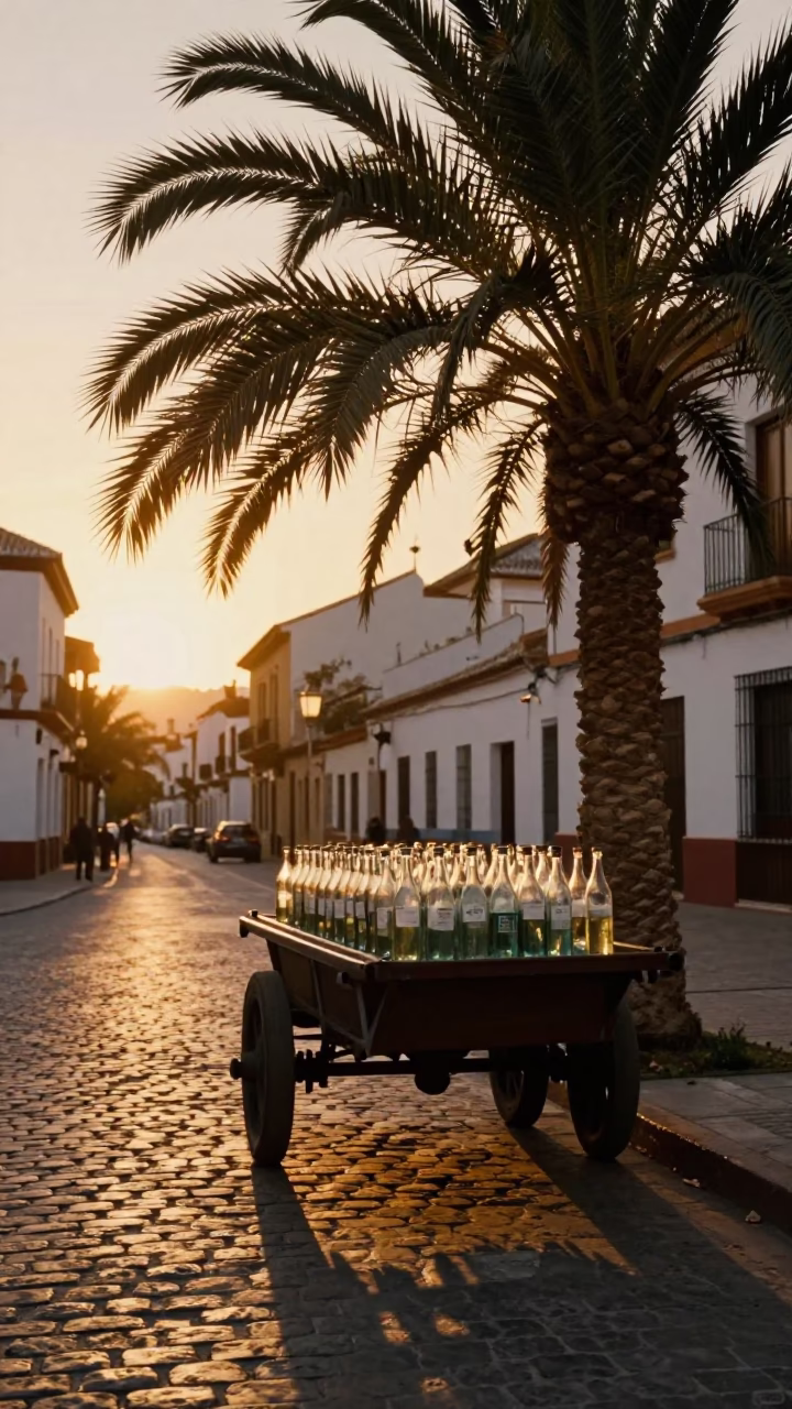 Golden Hour Street Scene in Granada Spain with Date Palm and Glass Bottles in in Granada, Spain