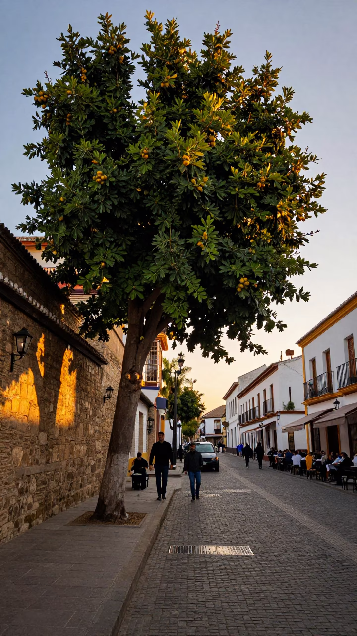 Golden Hour Street Scene in Granada Spain with Fig Tree and Local Dining in in Granada, Spain