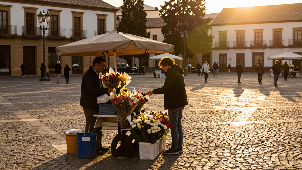 Golden Hour Street Scene in Granada Spain with Flower Vendor and Lively Plaza in in Granada, Spain