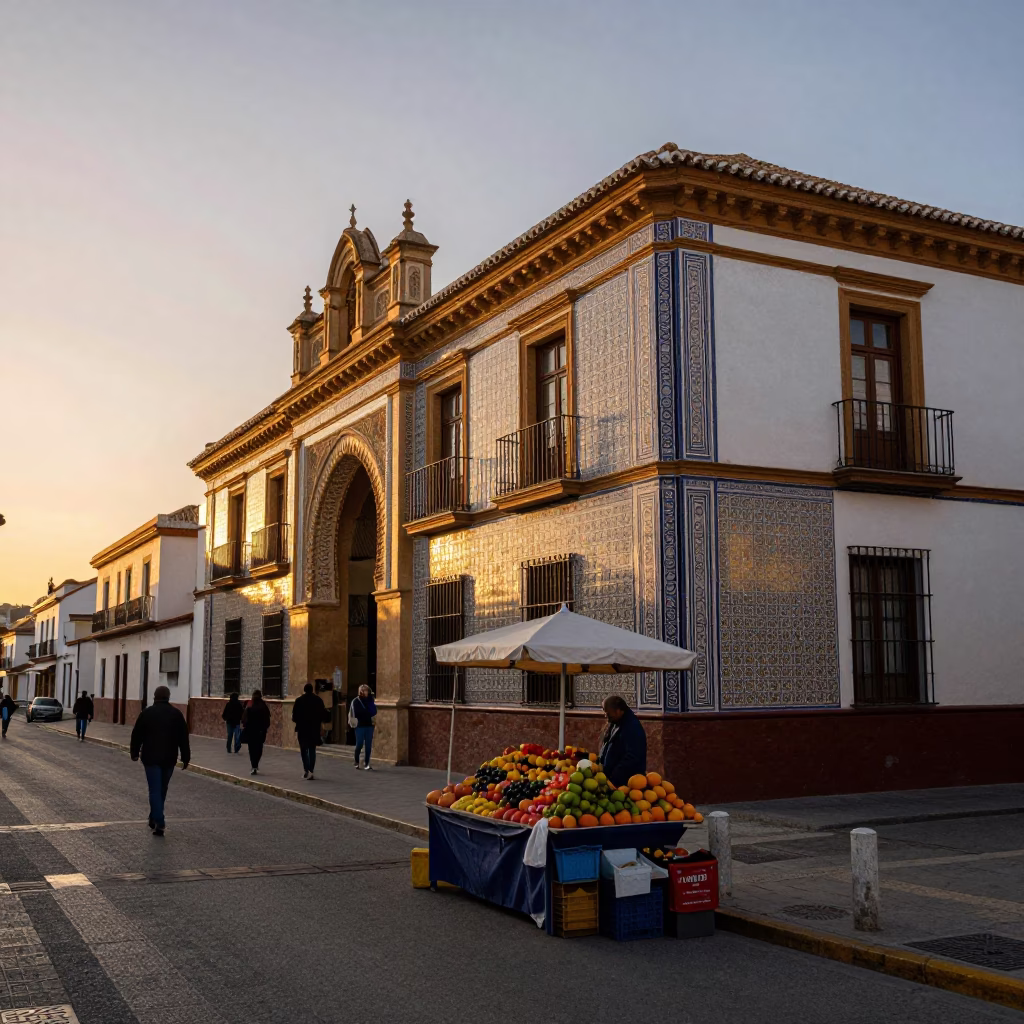 Golden Hour Street Scene in Granada Spain with Fruit Vendor and Traditional Architecture in in Granada, Spain