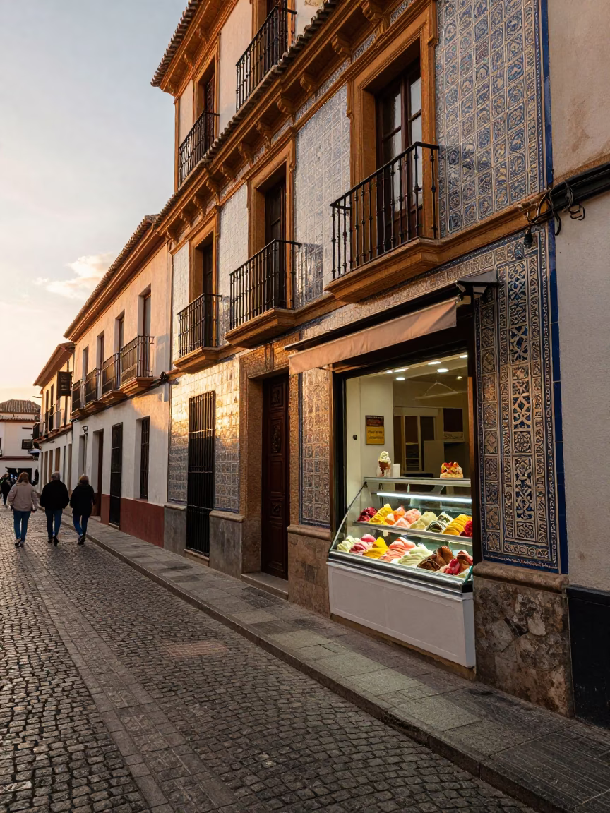 Golden Hour Street Scene in Granada Spain with Gelato Display and Local Life in in Granada, Spain