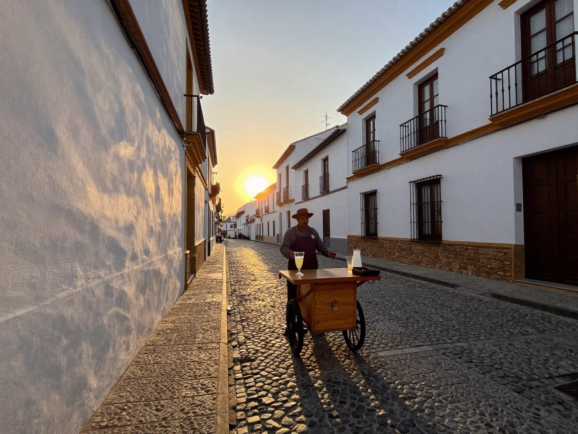 Golden Hour Street Scene in Granada Spain with Glass of Horchata and Cinnamon Dust in in Granada, Spain