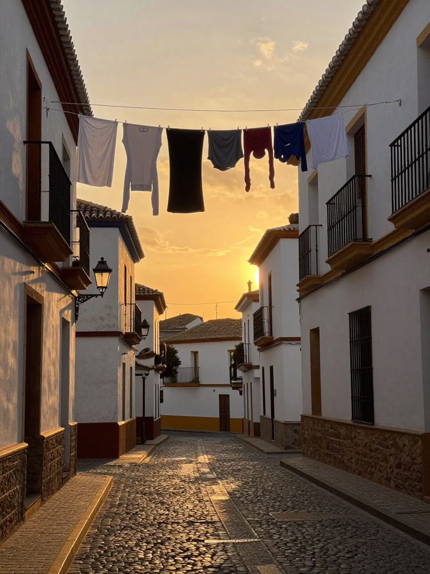 Golden Hour Street Scene in Granada Spain with Hanging Laundry and Traditional Tagine Pot in in Granada, Spain