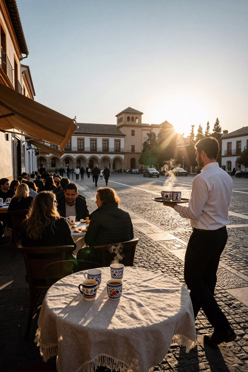Golden Hour Street Scene in Granada Spain with Linen Fringe and Ceramic Mugs in in Granada, Spain