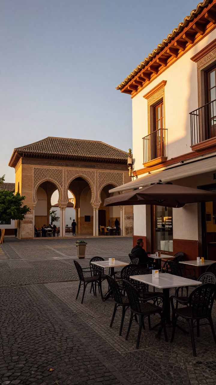 Golden Hour Street Scene in Granada Spain with Local Dining and Architectural Details in in Granada, Spain