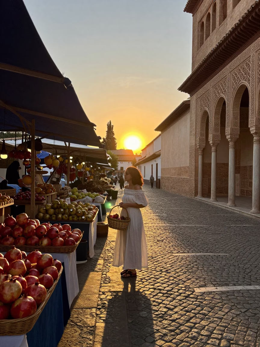 Golden Hour Street Scene in Granada Spain with Local Market Details in in Granada, Spain