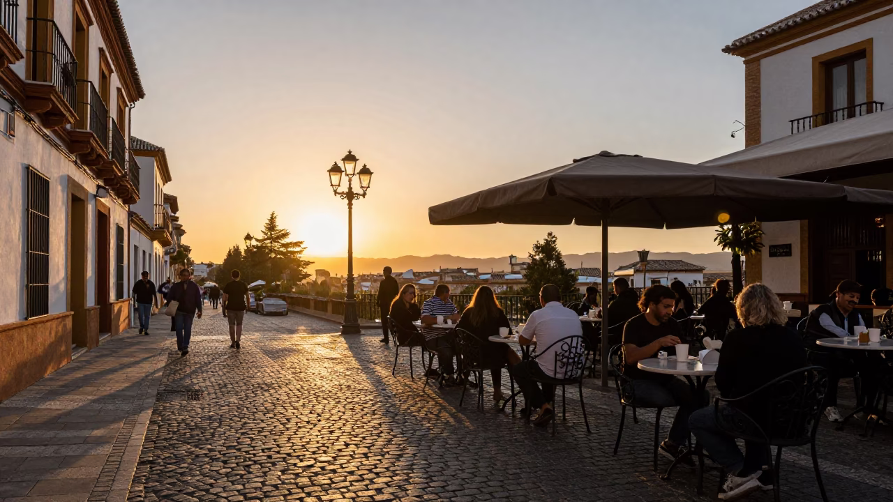 Golden Hour Street Scene in Granada Spain with Local Patrons and Tapas Culture in in Granada, Spain
