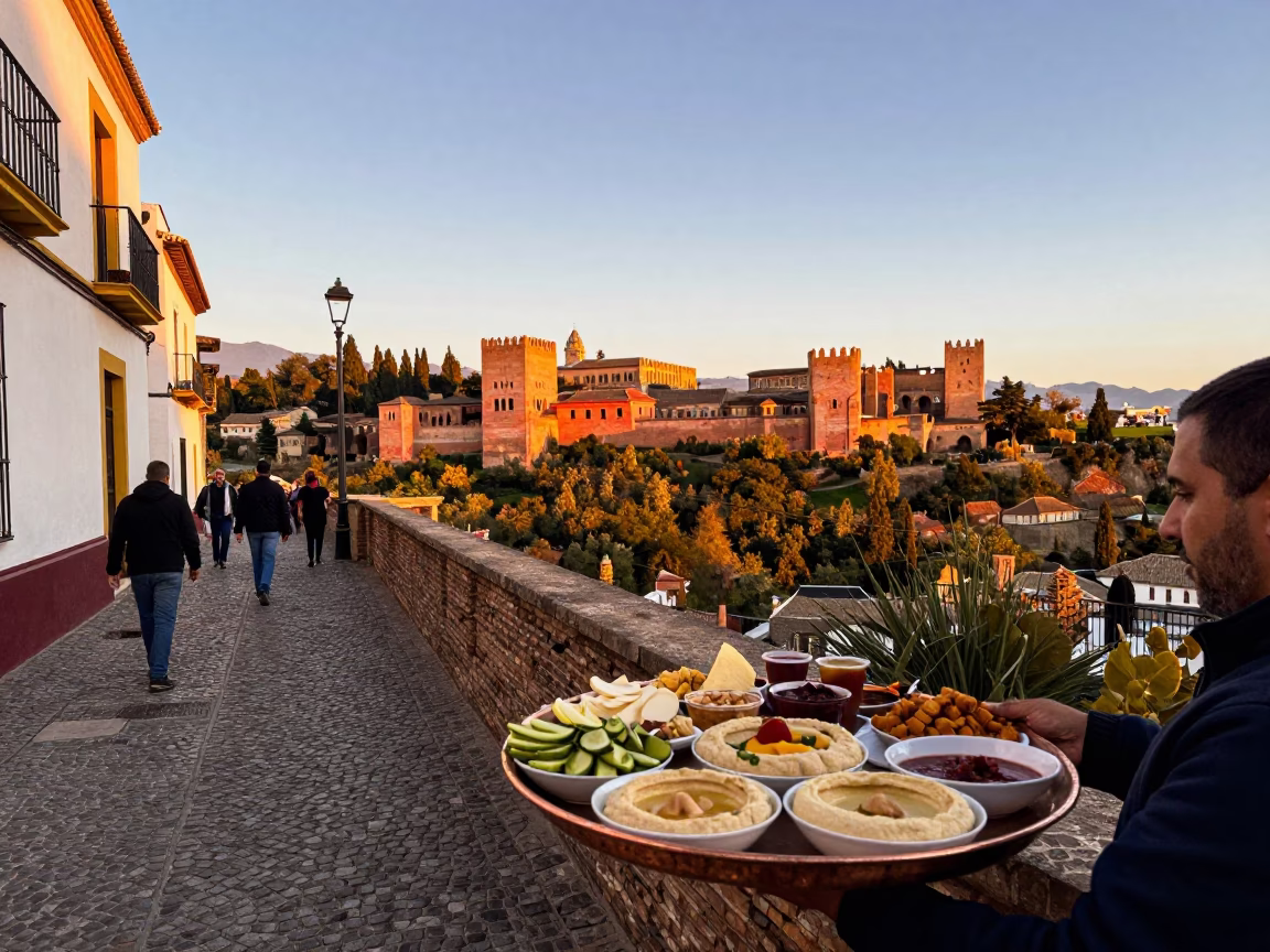 Golden Hour Street Scene in Granada Spain with Mezze and Local Life in in Granada, Spain