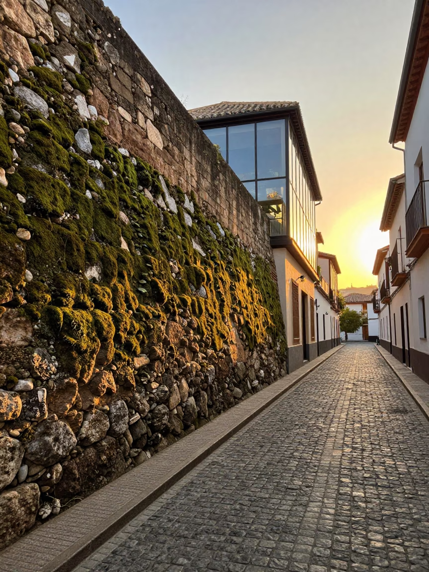 Golden Hour Street Scene in Granada Spain with Mossy Stone Wall and Glass Doorframe in in Granada, Spain