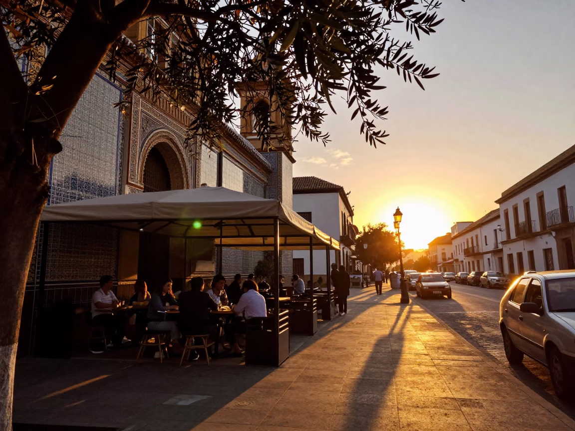 Golden Hour Street Scene in Granada Spain with Olive Branch and Bar Stools in in Granada, Spain