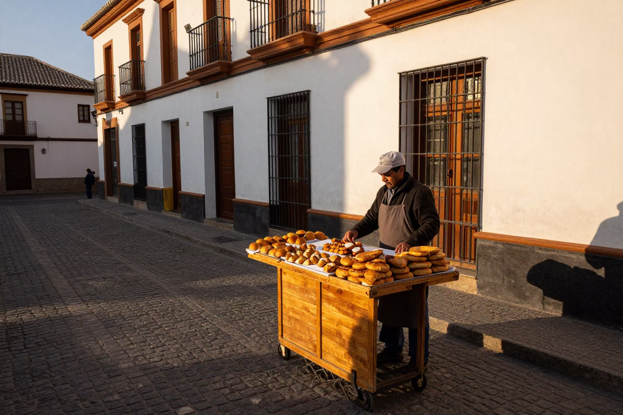 Golden Hour Street Scene in Granada Spain with Pastries and Traditional Architecture in in Granada, Spain