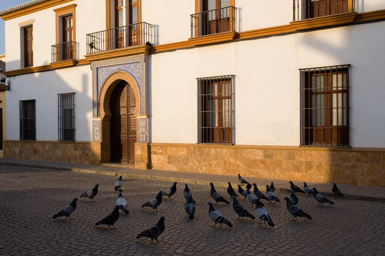 Golden Hour Street Scene in Granada Spain with Pigeons and Traditional Architecture in in Granada, Spain