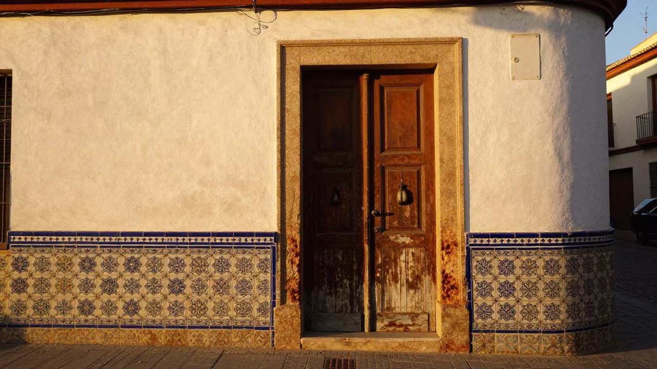 Golden Hour Street Scene in Granada Spain with Rusty Door Hardware and Ceramic Details in in Granada, Spain