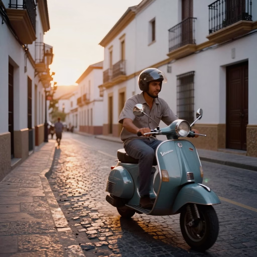 Golden Hour Street Scene in Granada Spain with Scooter and Local Life in in Granada, Spain