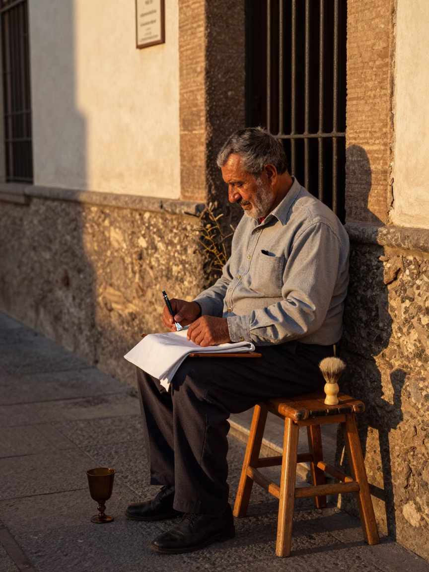 Golden Hour Street Scene in Granada Spain with Shaving Brush and Goblet in in Granada, Spain