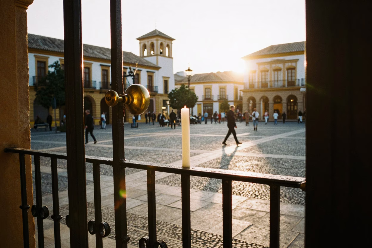 Golden Hour Street Scene in Granada Spain with Taper Candle and Doorknob Details in in Granada, Spain