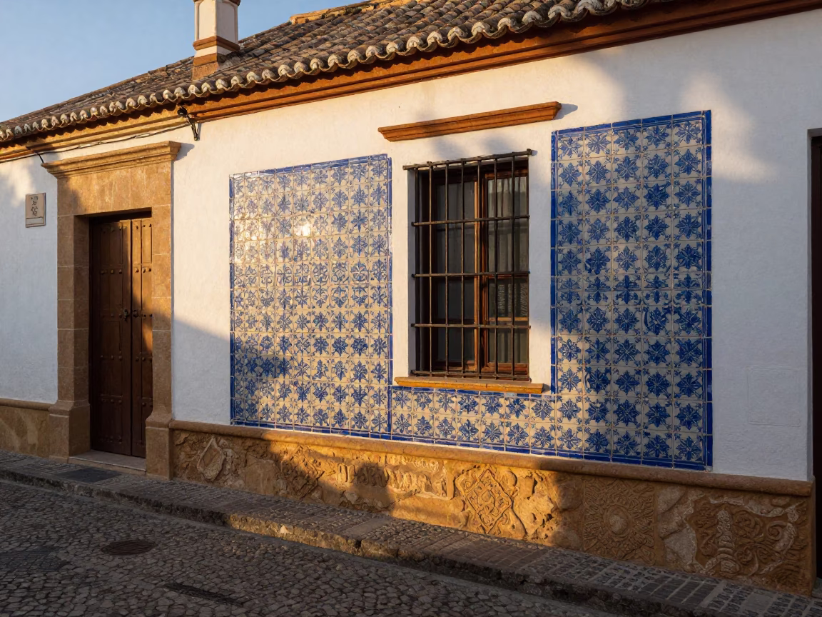 Golden Hour Street Scene in Granada Spain with Traditional Ceramic Tiles and Window Light in in Granada, Spain