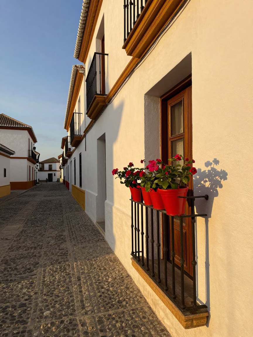 Golden Hour Street Scene in Granada Spain with Traditional Flowerpot and Local Life in in Granada, Spain
