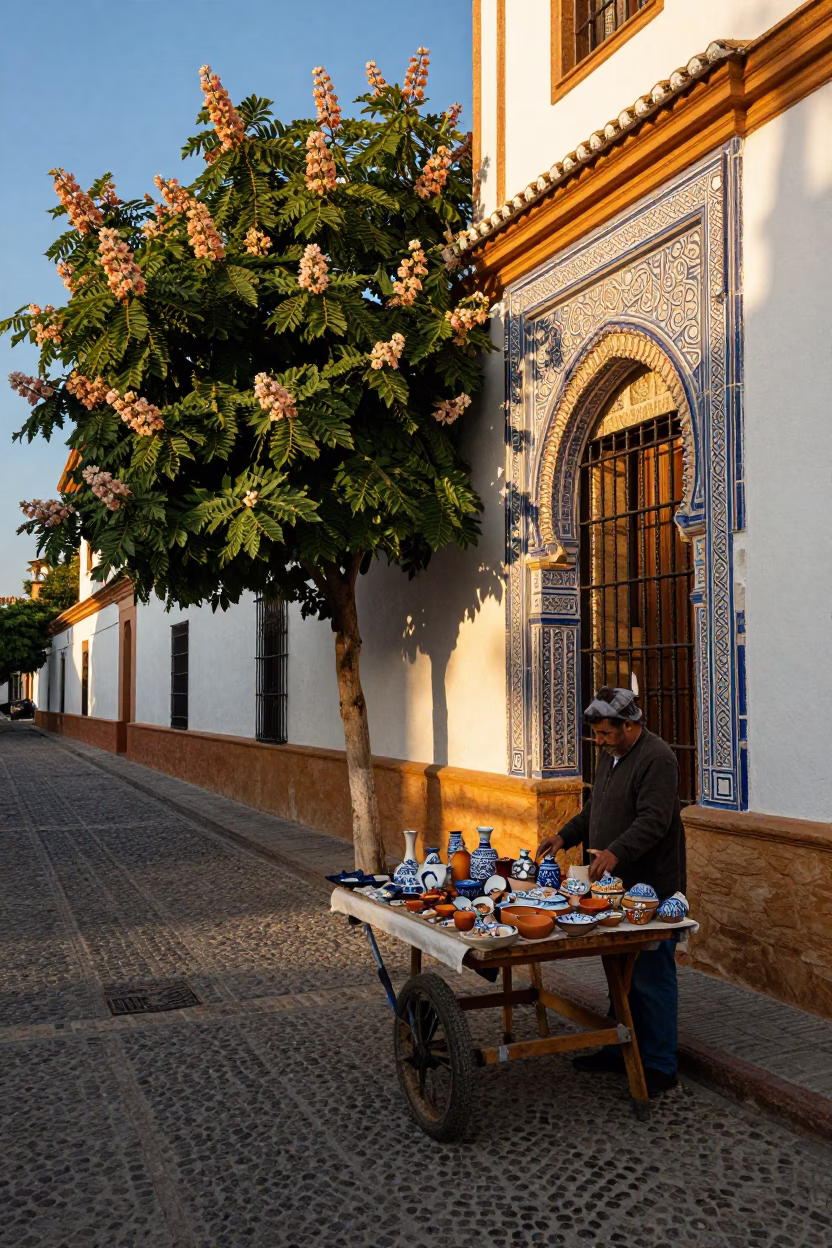 Golden Hour Street Scene in Granada Spain with Traditional Pottery and Chestnut Tree in in Granada, Spain