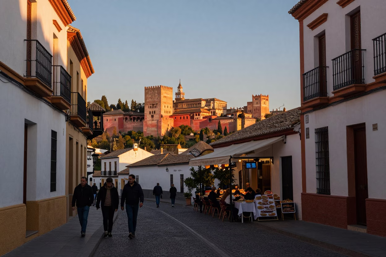Golden Hour Street Scene in Granada Spain with Traditional Tapas and Local Life in in Granada, Spain