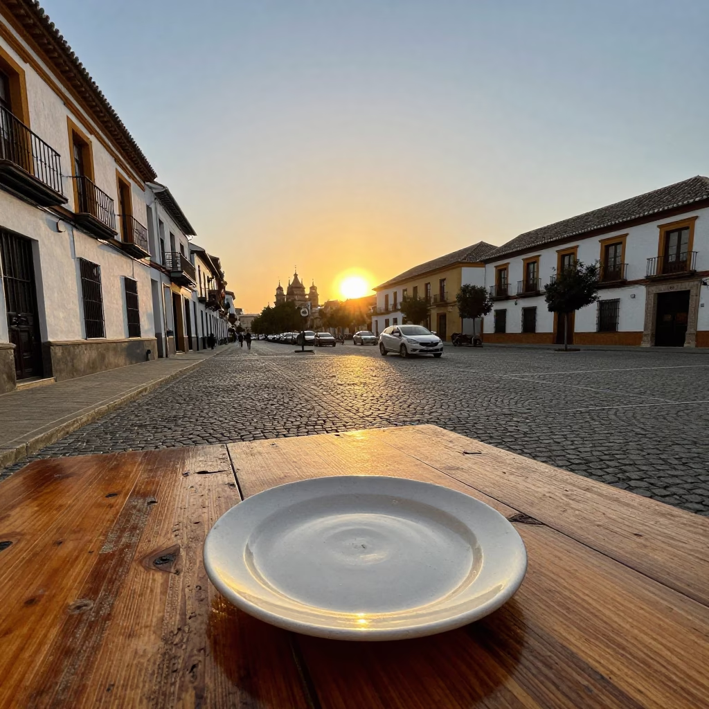 Golden Hour Street Scene in Granada Spain with Traditional Tapas Plate and Candle in in Granada, Spain