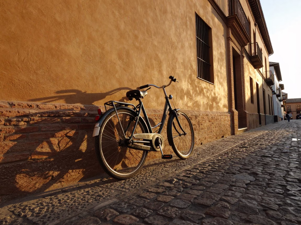 Golden Hour Street Scene in Granada Spain with Vintage Bicycle and Brick Architecture in in Granada, Spain