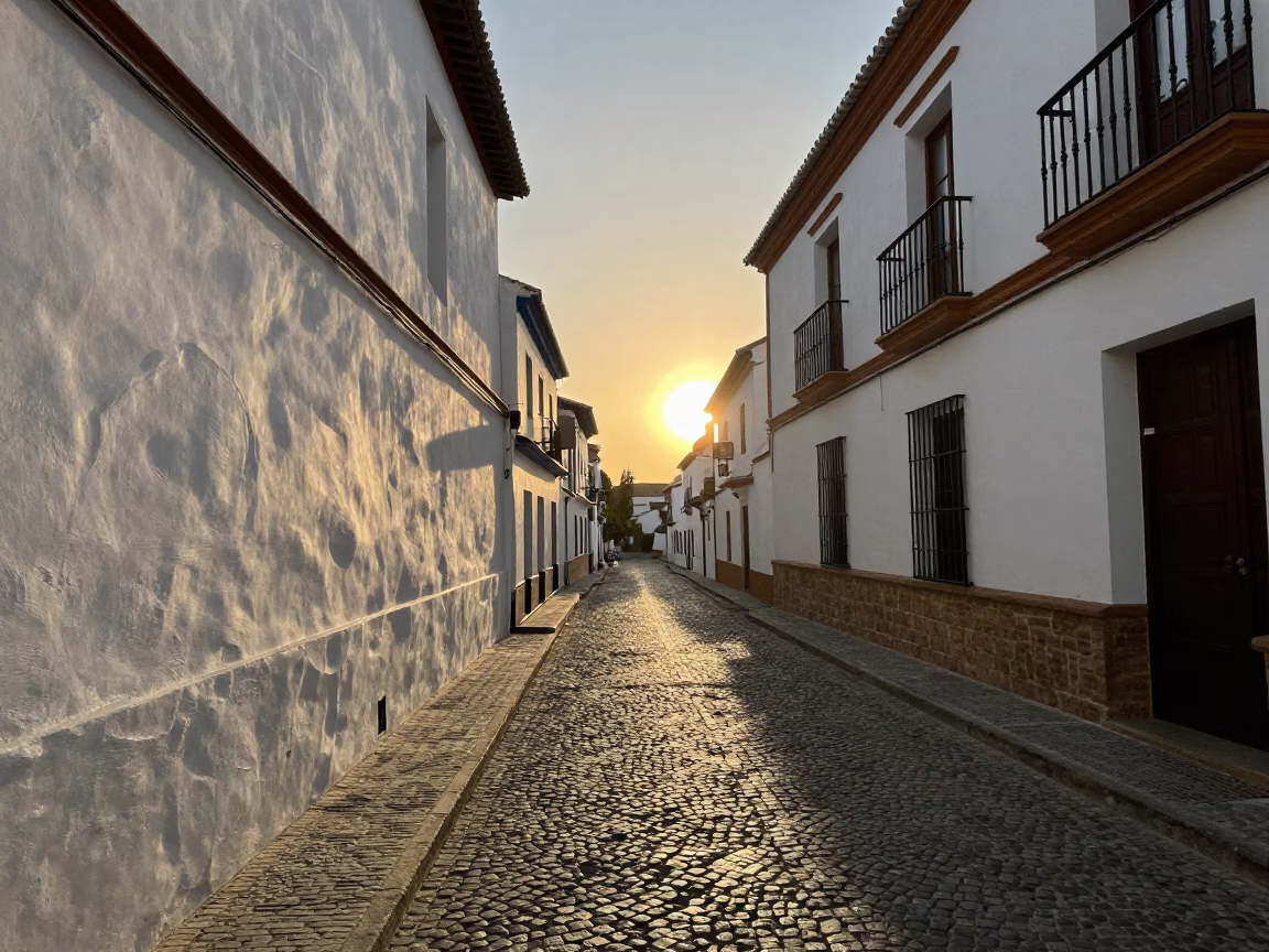 Golden Hour Street Scene in Granada Spain with Wicker Shadows on White Plaster Walls in in Granada, Spain