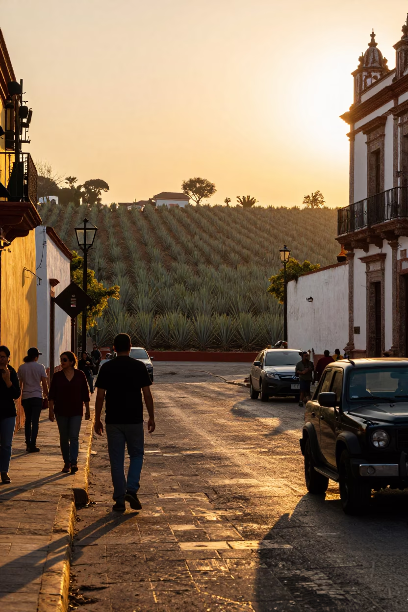 Golden Hour Street Scene in Guadalajara Mexico with Agave Fields and Local Life in in Guadalajara, Mexico