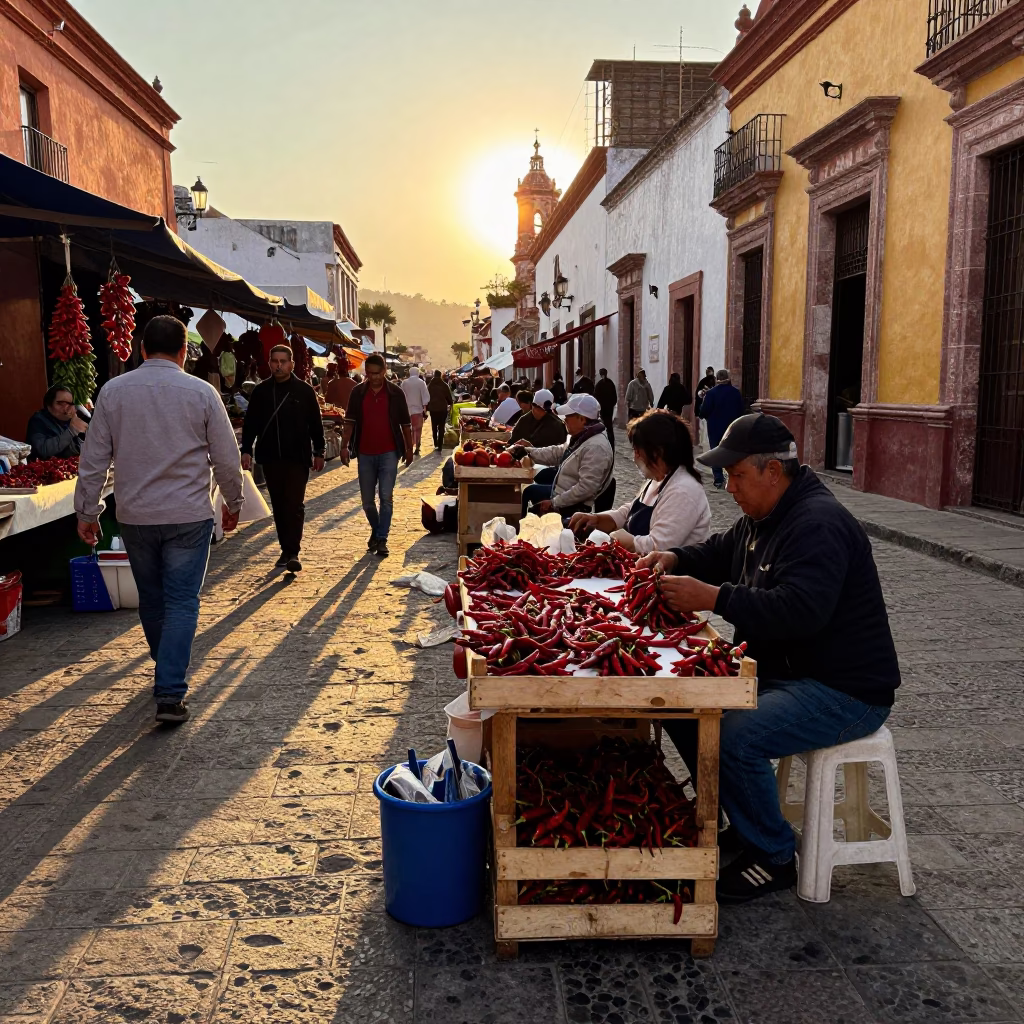 Golden Hour Street Scene in Guadalajara Mexico with Chili Peppers and Local Market Vendor in in Guadalajara, Mexico