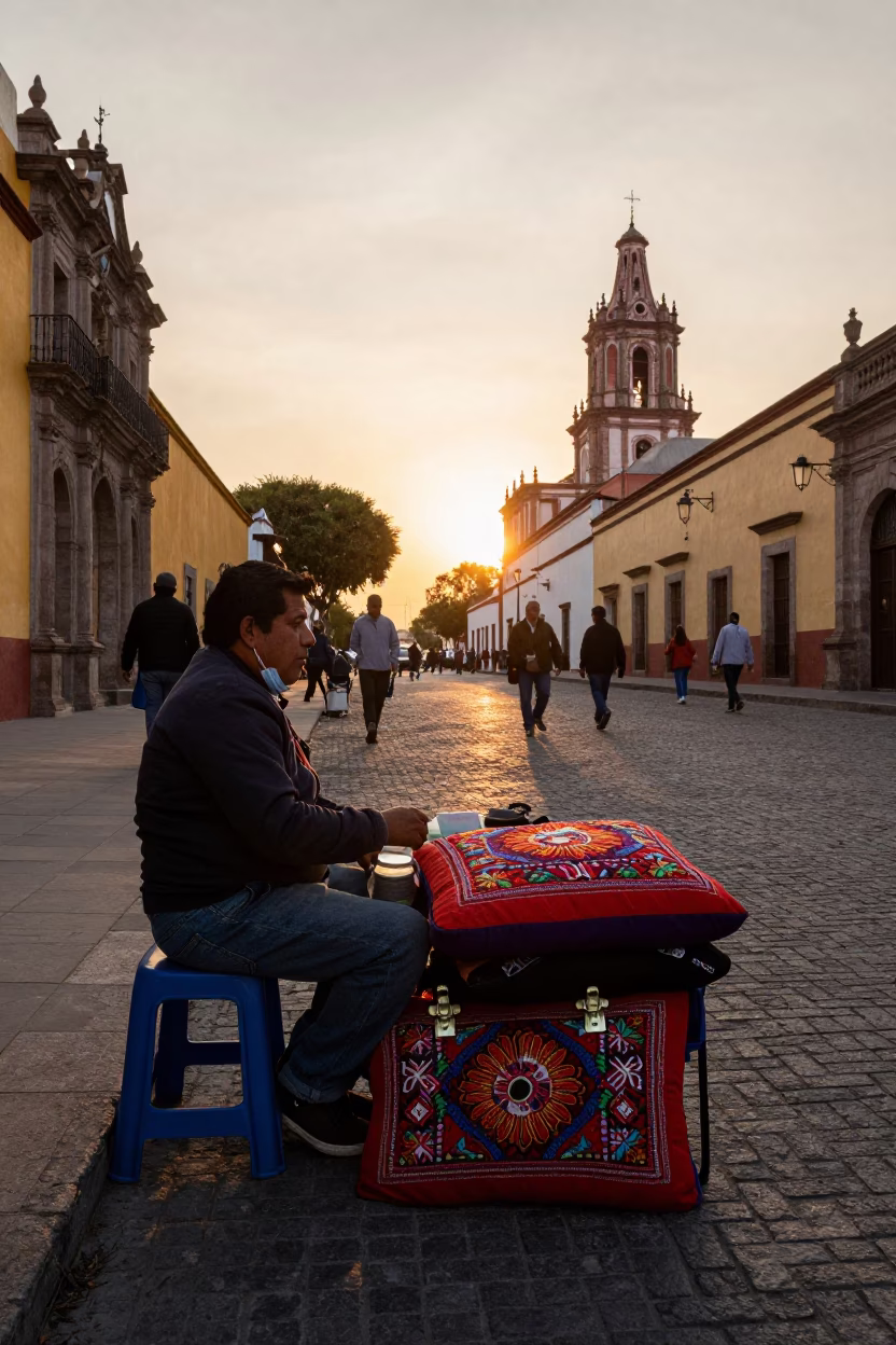 Golden Hour Street Scene in Guadalajara Mexico with Embroidered Cushion and Nickel Latch in in Guadalajara, Mexico