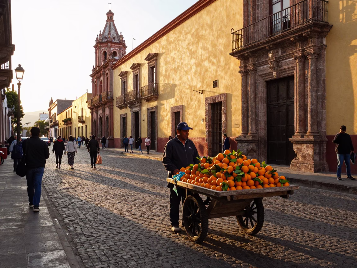 Golden Hour Street Scene in Guadalajara Mexico with Fresh Oranges and Local Market Life in in Guadalajara, Mexico