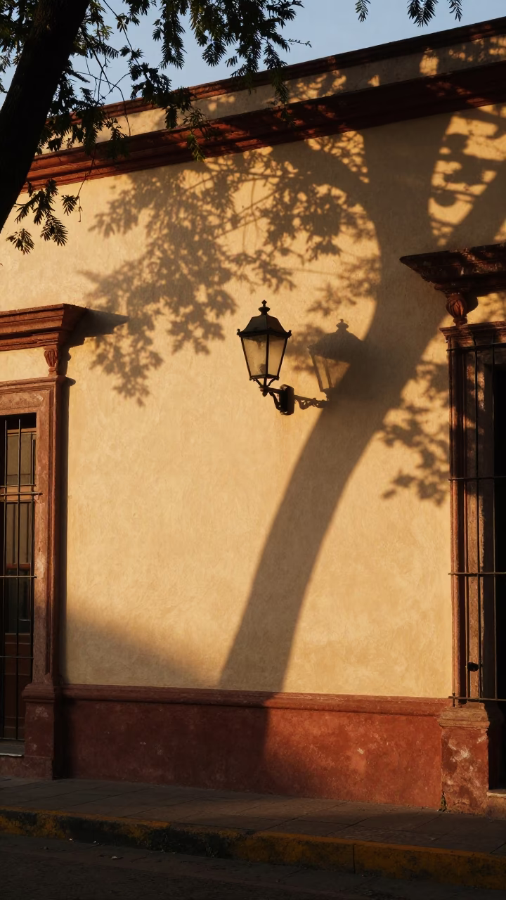 Golden Hour Street Scene in Guadalajara Mexico with Leaf Shadows and Wall Sconce in in Guadalajara, Mexico