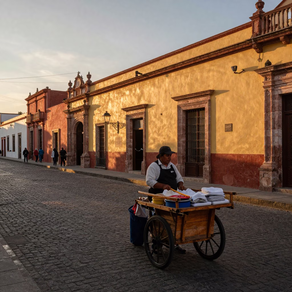 Golden Hour Street Scene in Guadalajara Mexico with Local Vendor and Traditional Elements in in Guadalajara, Mexico