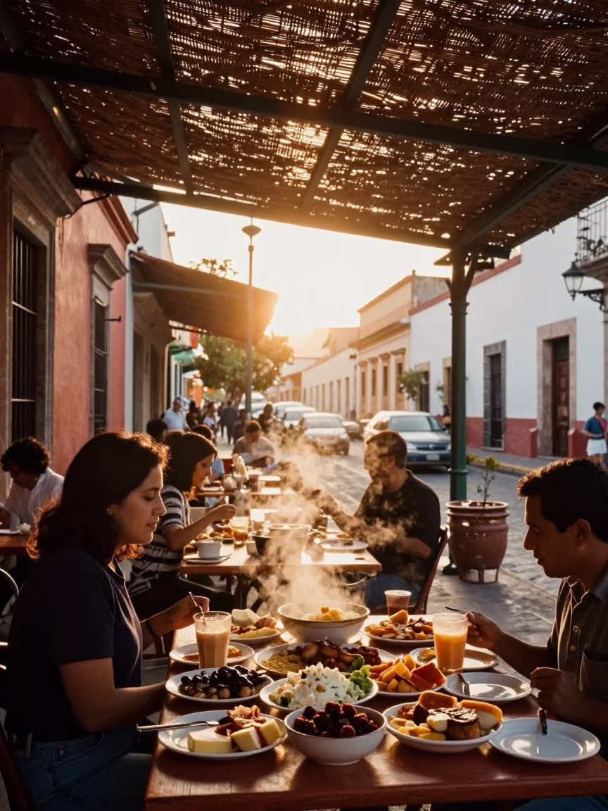 Golden Hour Street Scene in Guadalajara Mexico with Mezze Spread and Condensation in in Guadalajara, Mexico