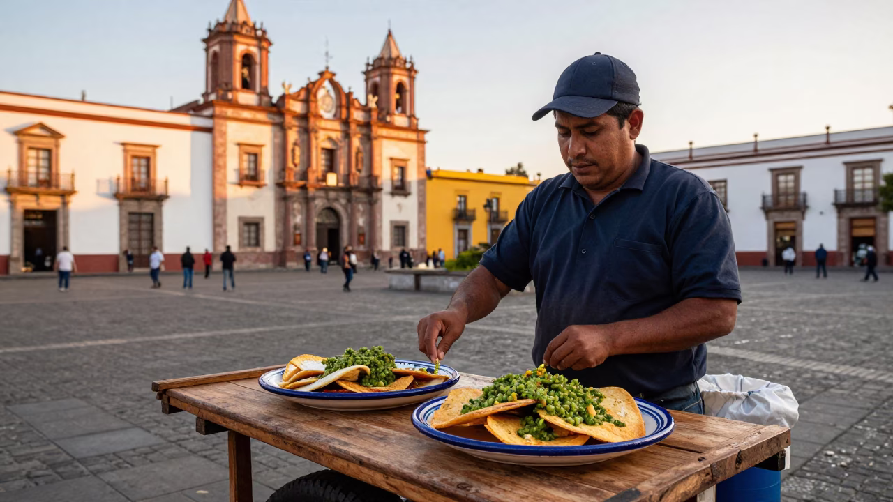 Golden Hour Street Scene in Guadalajara Mexico with Mole Poblano and Chilaquiles in in Guadalajara, Mexico
