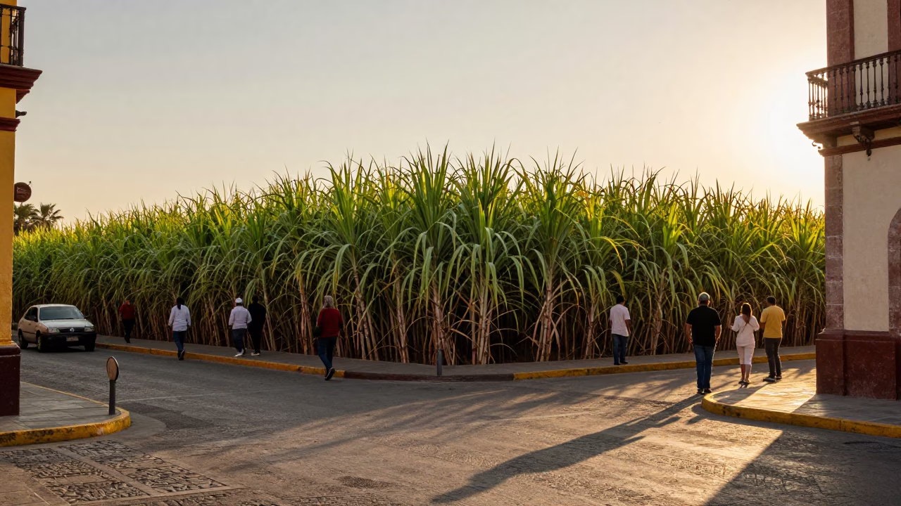 Golden Hour Street Scene in Guadalajara Mexico with Sugar Cane Field Background in in Guadalajara, Mexico