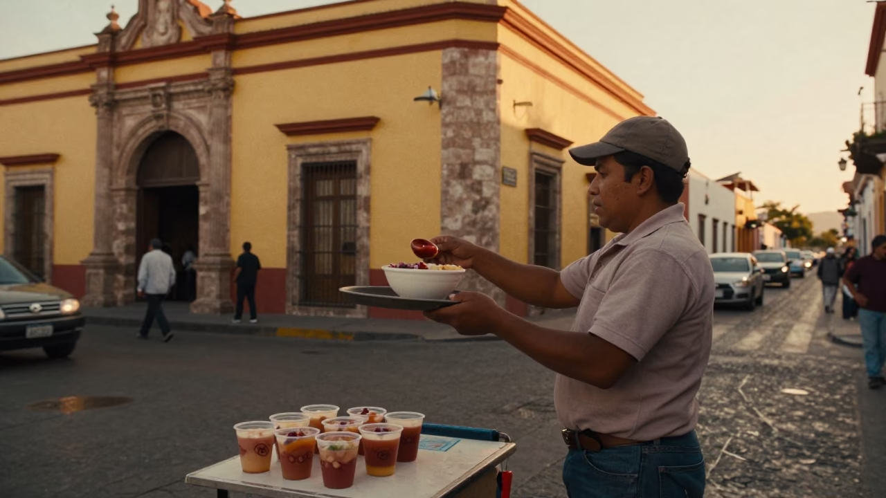 Golden Hour Street Scene in Guadalajara Mexico with Taho Vendor and Evening Light in in Guadalajara, Mexico