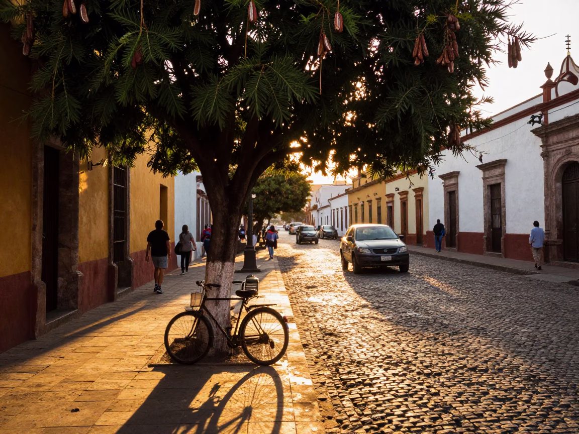 Golden Hour Street Scene in Guadalajara Mexico with Tamarind Tree and Vintage Bicycle in in Guadalajara, Mexico