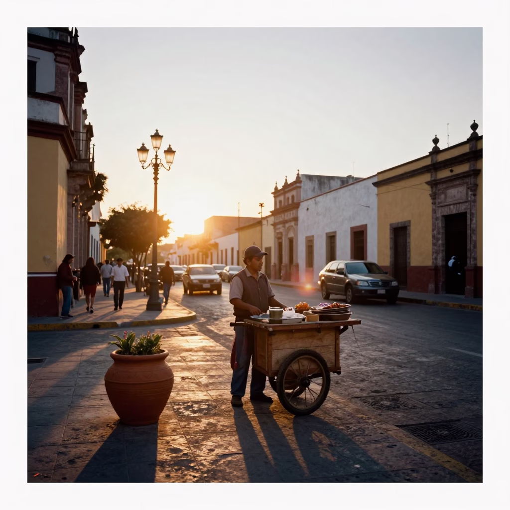 Golden Hour Street Scene in Guadalajara Mexico with Terracotta Pot and Churros Vendor in in Guadalajara, Mexico