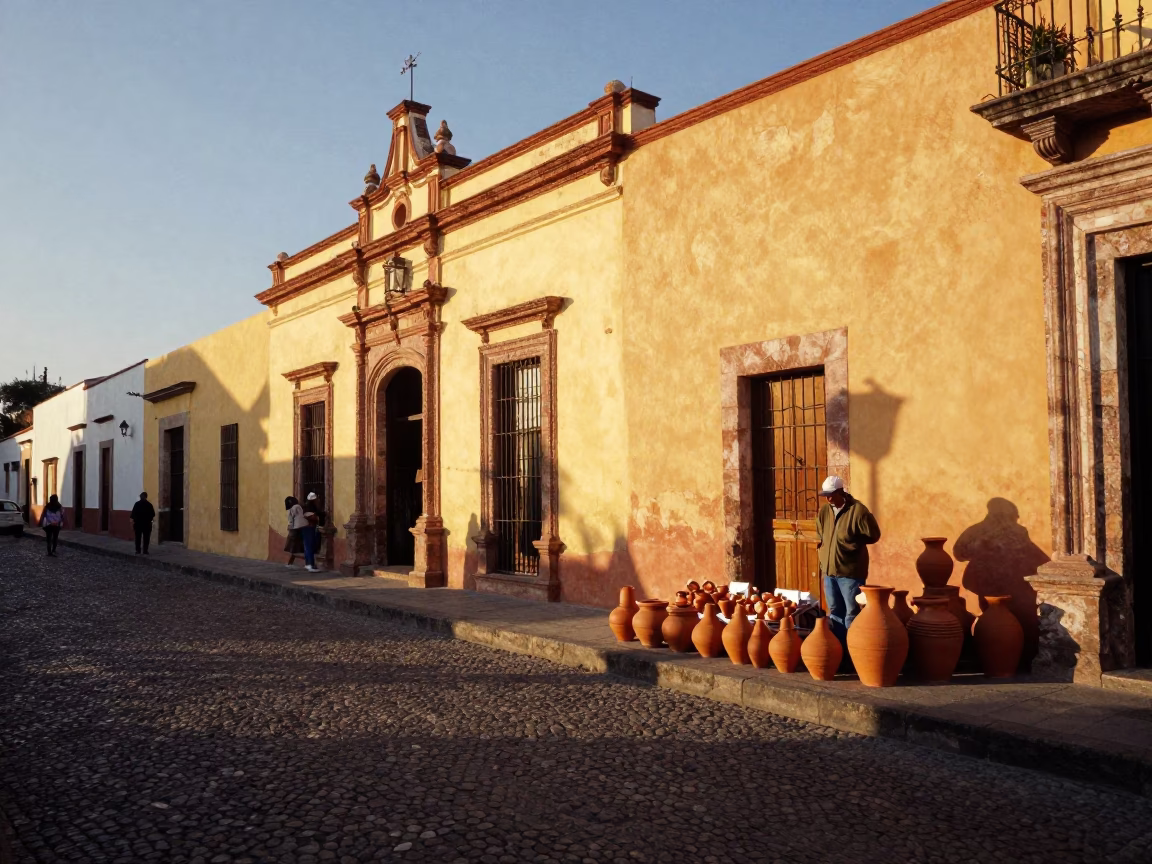 Golden Hour Street Scene in Guadalajara Mexico with Terracotta Pots and Casual Cardigans in in Guadalajara, Mexico
