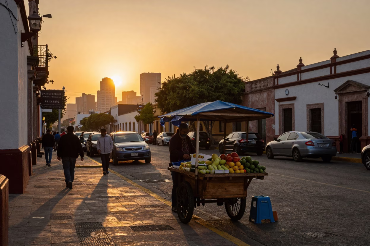 Golden hour street scene in Guadalajara Mexico with vendor and produce in in Guadalajara, Mexico