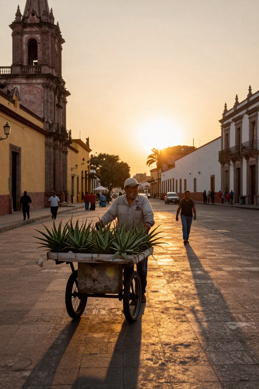 Golden Hour Street Scene in Guadalajara Mexico with Vintage 1980s Aesthetic in in Guadalajara, Mexico
