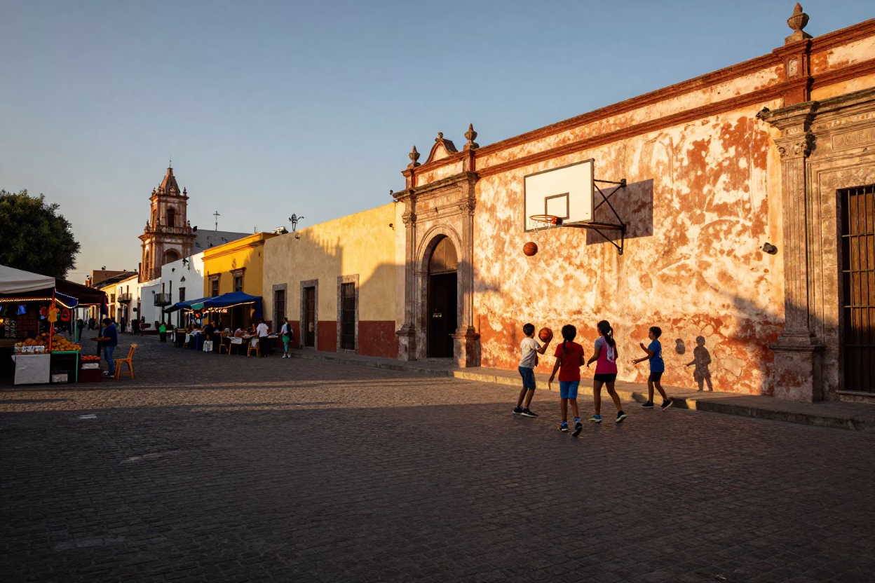 Golden Hour Street Scene in Guadalajara Mexico with Vintage Basketball and Local Market Details in in Guadalajara, Mexico