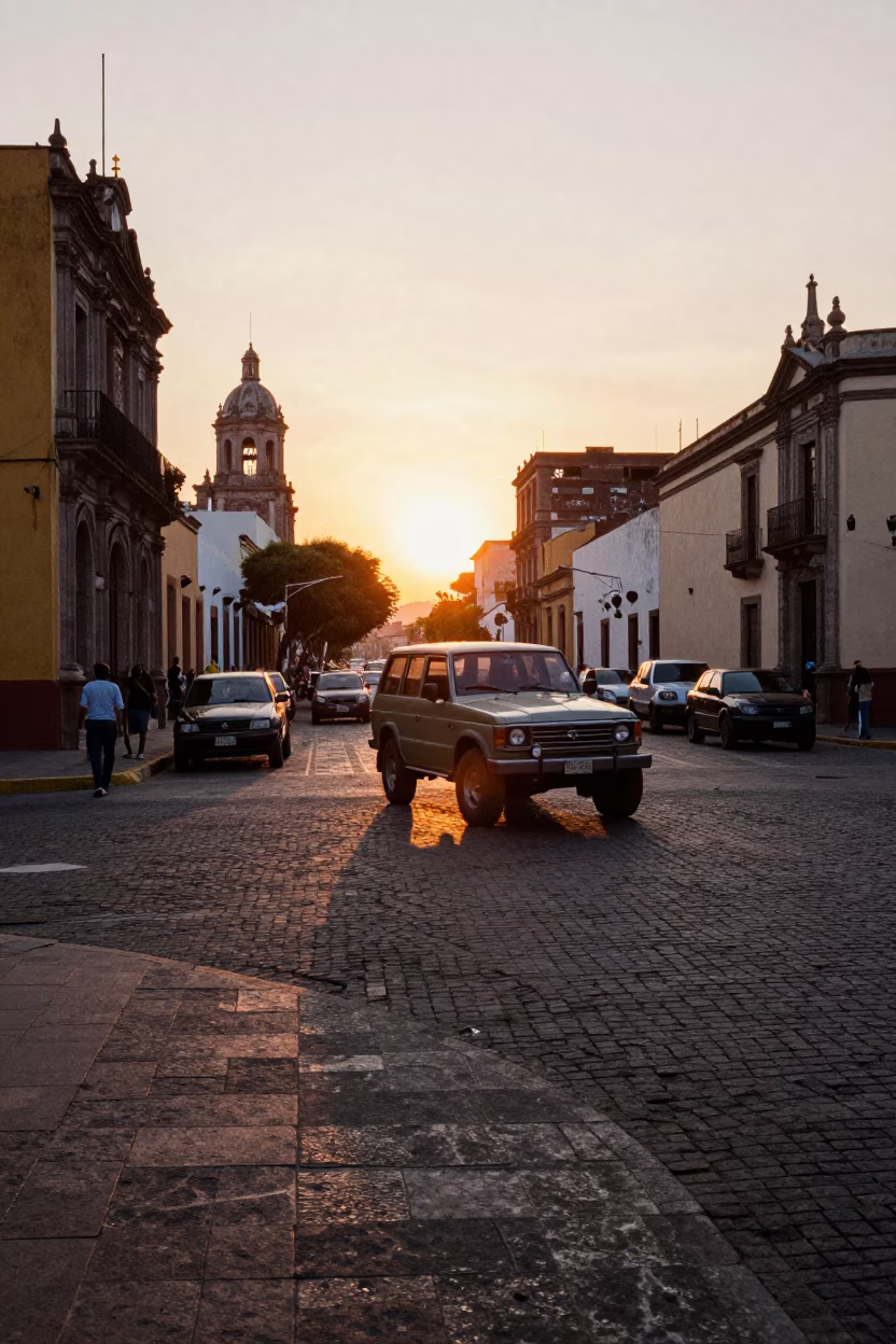 Golden Hour Street Scene in Guadalajara Mexico with Vintage Cars and Local Life in in Guadalajara, Mexico