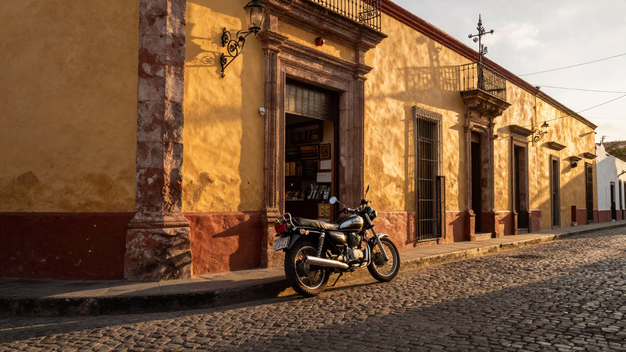Golden Hour Street Scene in Guadalajara Mexico with Vintage Motorcycle and Blue Porcelain Jar in in Guadalajara, Mexico