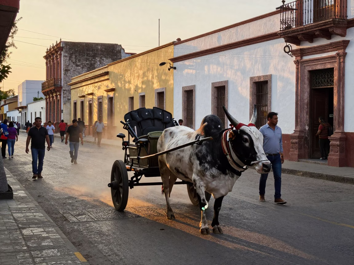 Golden Hour Street Scene in Guadalajara Mexico with Vintage Ox Cart and Dusty Road in in Guadalajara, Mexico